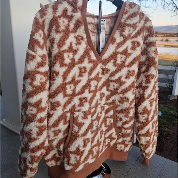 VICTORIAS SECRET PINK fleece pullover sherpa hoodie white shell & toffee logo SM - Picture 1 of 16